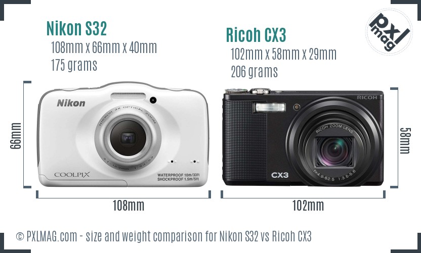 Nikon S32 vs Ricoh CX3 size comparison Nikon S32 vs Ricoh CX3 size comparison