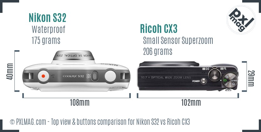 Nikon S32 vs Ricoh CX3 top view buttons comparison