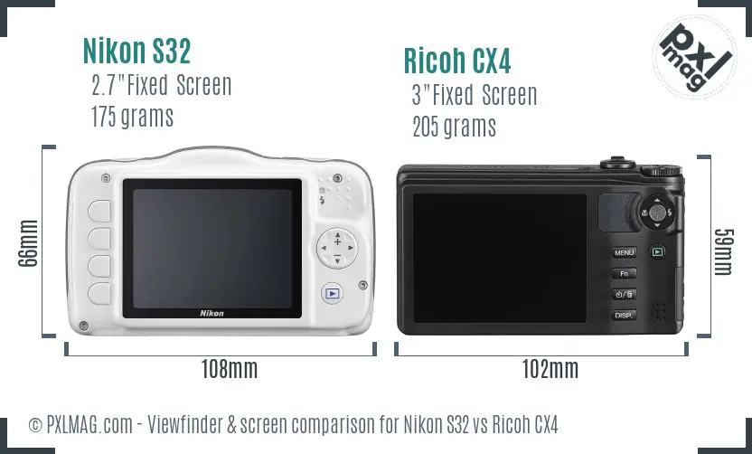 Nikon S32 vs Ricoh CX4 Screen and Viewfinder comparison