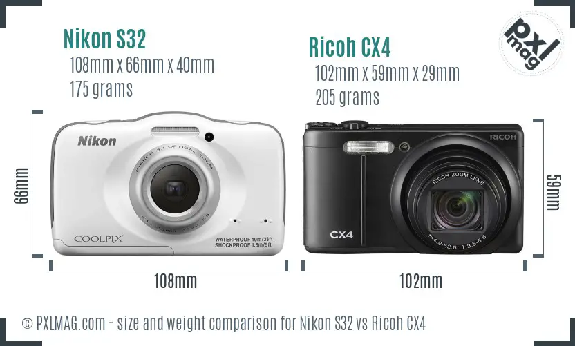 Nikon S32 vs Ricoh CX4 size comparison