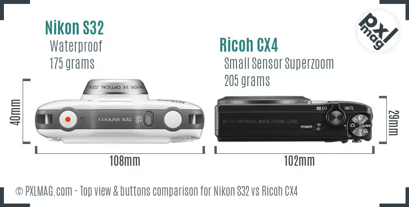 Nikon S32 vs Ricoh CX4 top view buttons comparison