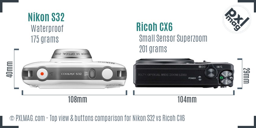 Nikon S32 vs Ricoh CX6 top view buttons comparison