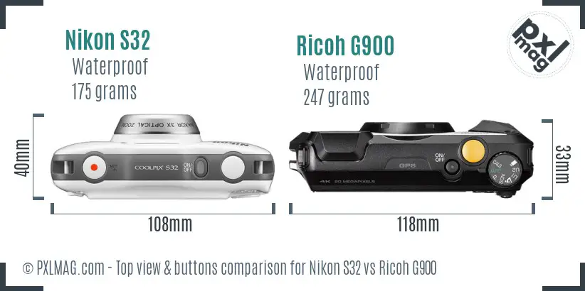 Nikon S32 vs Ricoh G900 top view buttons comparison