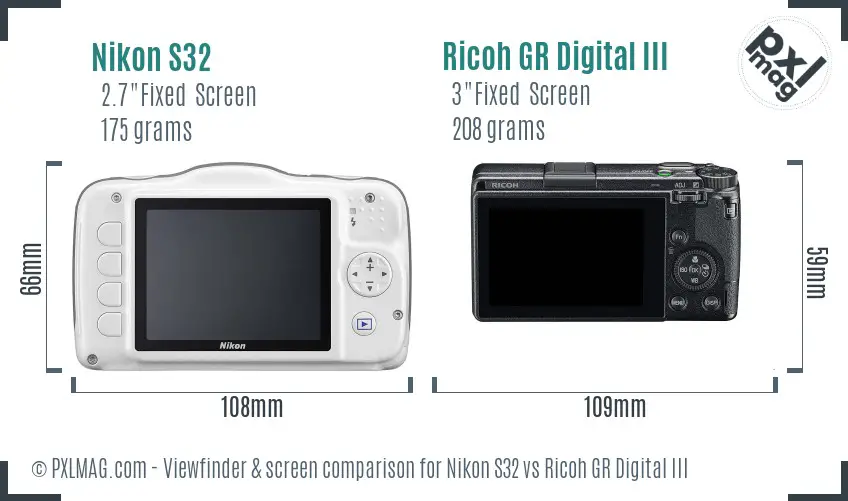 Nikon S32 vs Ricoh GR Digital III Screen and Viewfinder comparison