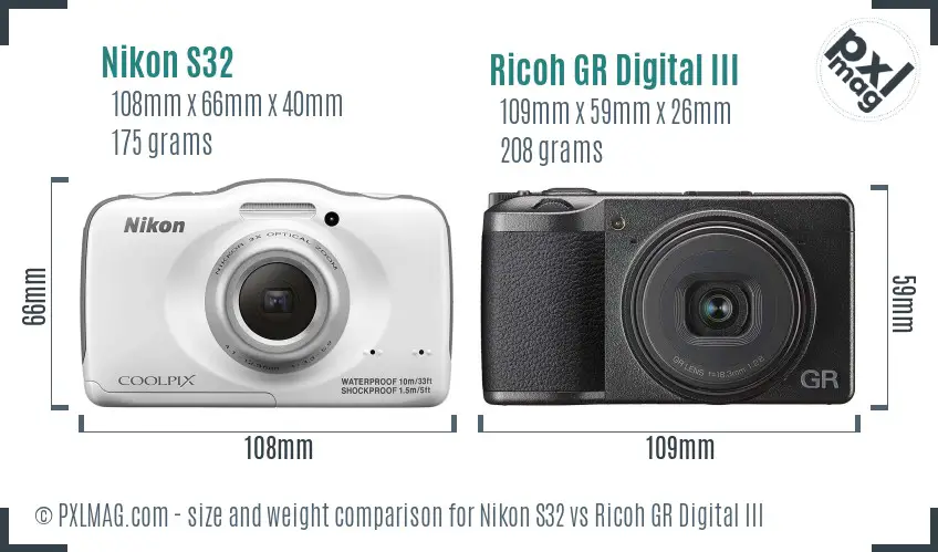 Nikon S32 vs Ricoh GR Digital III size comparison