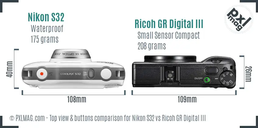 Nikon S32 vs Ricoh GR Digital III top view buttons comparison