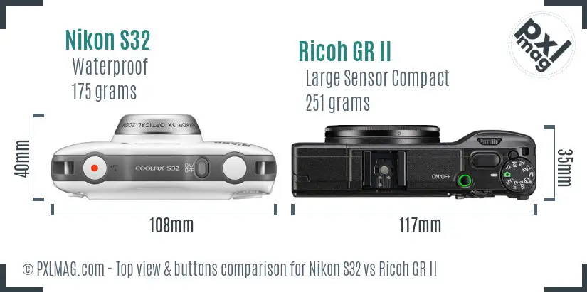 Nikon S32 vs Ricoh GR II top view buttons comparison