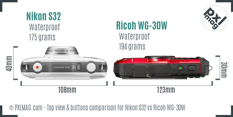 Nikon S32 vs Ricoh WG-30W top view buttons comparison Nikon S32 vs Ricoh WG-30W top view buttons comparison