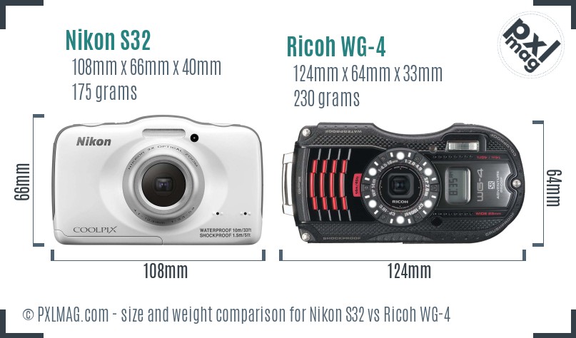 Nikon S32 vs Ricoh WG-4 size comparison