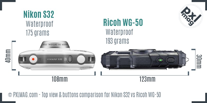 Nikon S32 vs Ricoh WG-50 top view buttons comparison
