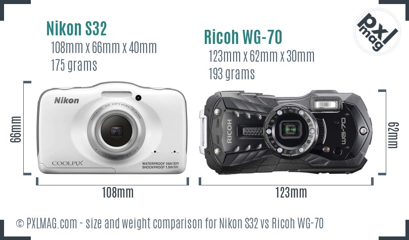 Nikon S32 vs Ricoh WG-70 size comparison