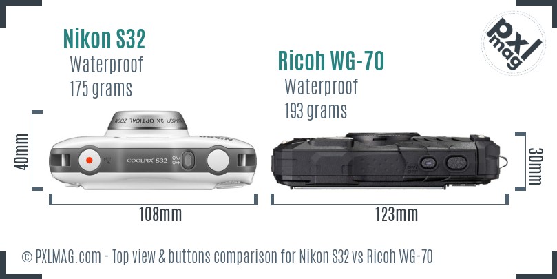 Nikon S32 vs Ricoh WG-70 top view buttons comparison