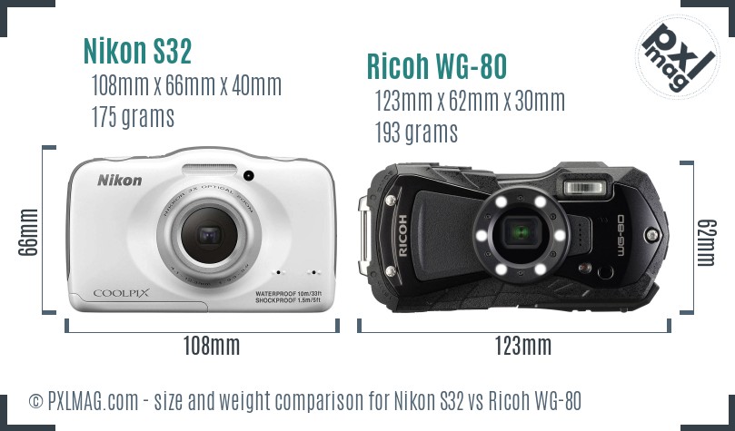 Nikon S32 vs Ricoh WG-80 size comparison