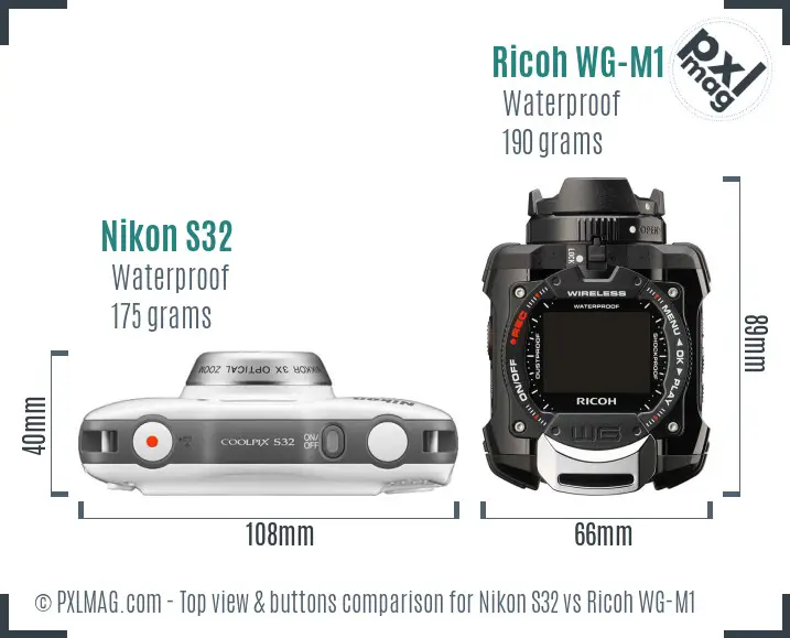 Nikon S32 vs Ricoh WG-M1 top view buttons comparison