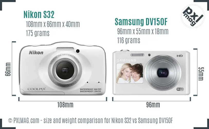 Nikon S32 vs Samsung DV150F size comparison