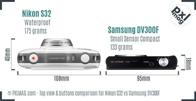 Nikon S32 vs Samsung DV300F top view buttons comparison Nikon S32 vs Samsung DV300F top view buttons comparison
