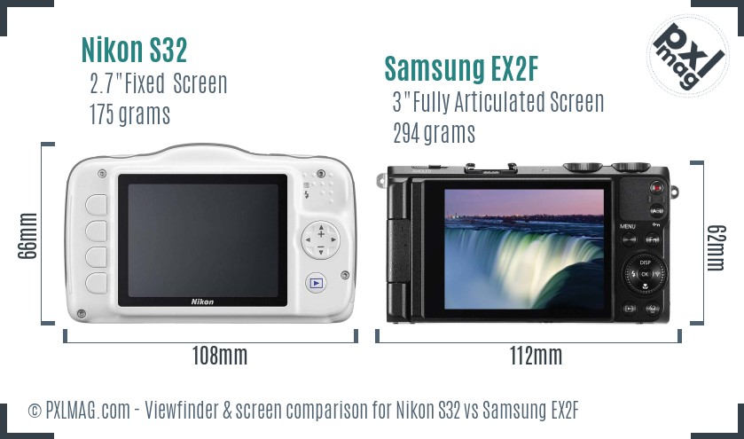 Nikon S32 vs Samsung EX2F Screen and Viewfinder comparison