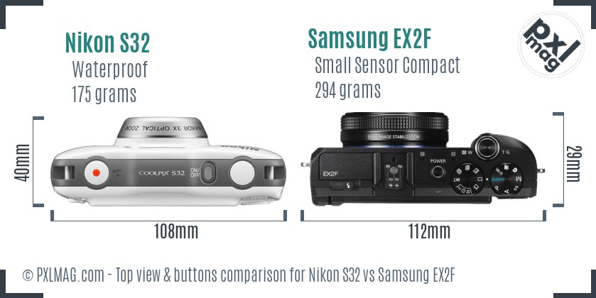 Nikon S32 vs Samsung EX2F top view buttons comparison