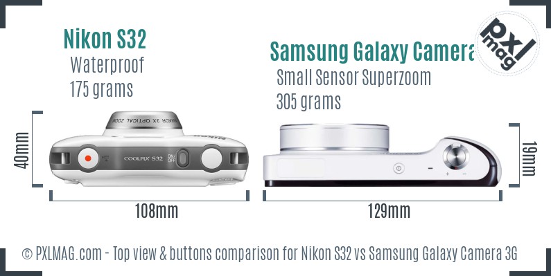 Nikon S32 vs Samsung Galaxy Camera 3G top view buttons comparison