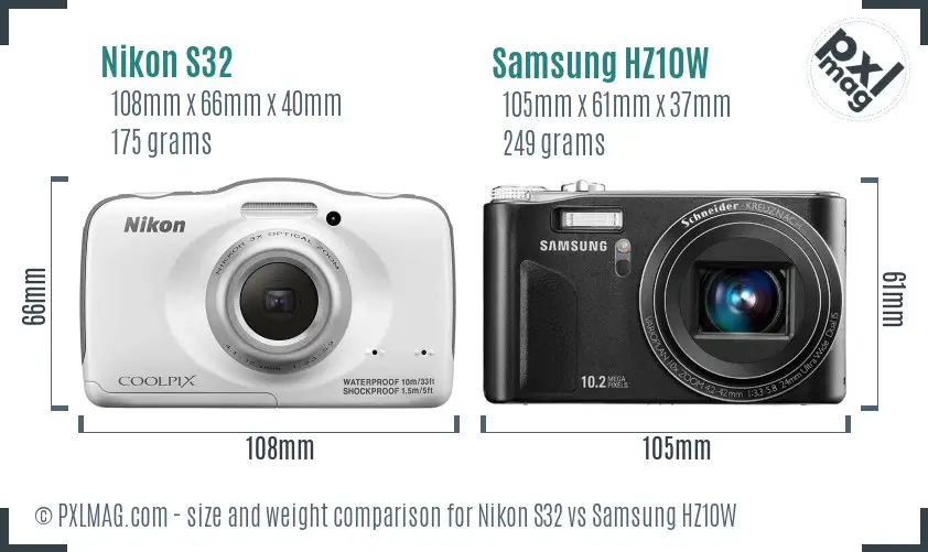 Nikon S32 vs Samsung HZ10W size comparison