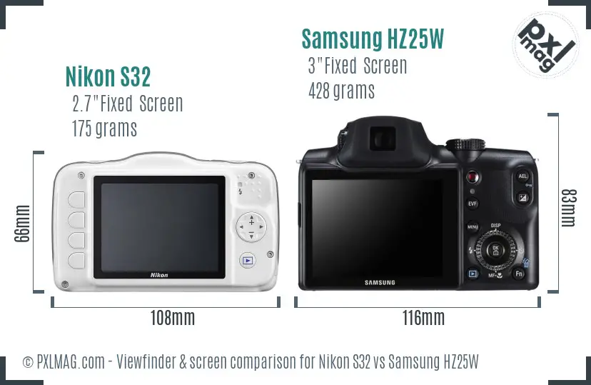 Nikon S32 vs Samsung HZ25W Screen and Viewfinder comparison