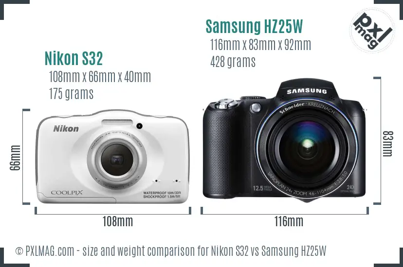 Nikon S32 vs Samsung HZ25W size comparison
