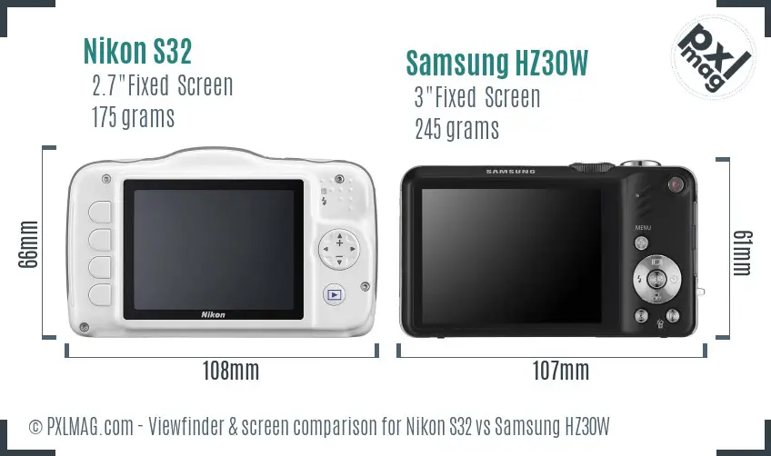 Nikon S32 vs Samsung HZ30W Screen and Viewfinder comparison