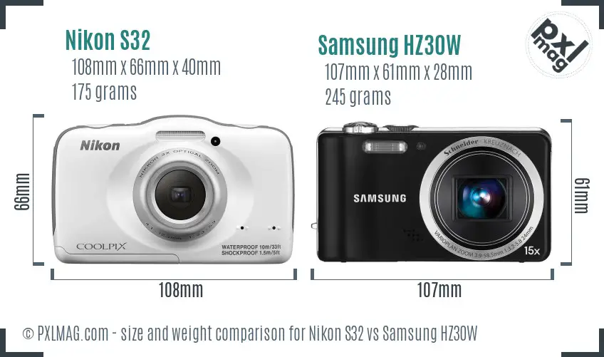 Nikon S32 vs Samsung HZ30W size comparison