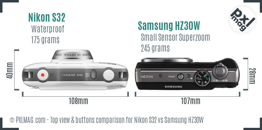Nikon S32 vs Samsung HZ30W top view buttons comparison