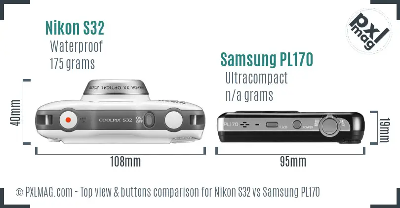 Nikon S32 vs Samsung PL170 top view buttons comparison