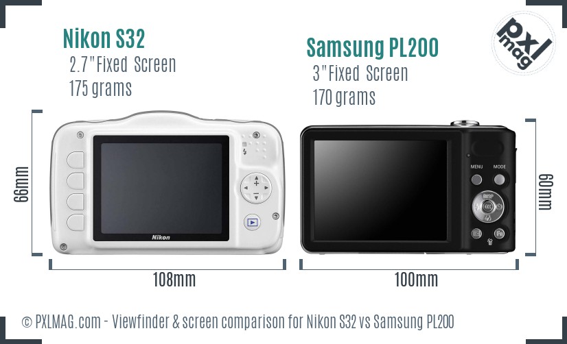 Nikon S32 vs Samsung PL200 Screen and Viewfinder comparison