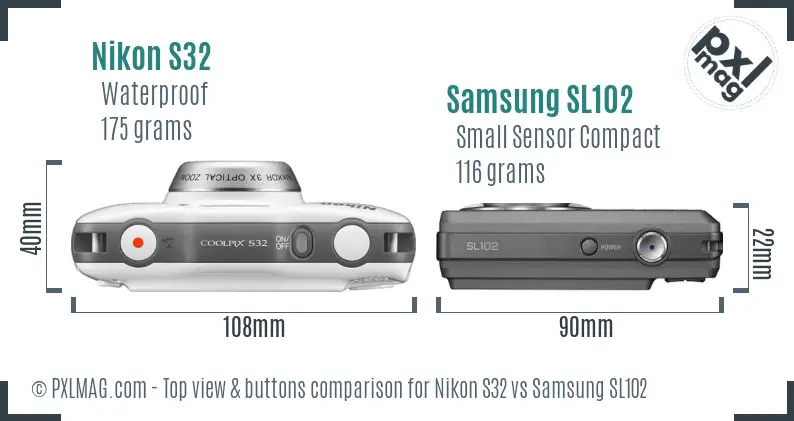 Nikon S32 vs Samsung SL102 top view buttons comparison Nikon S32 vs Samsung SL102 top view buttons comparison