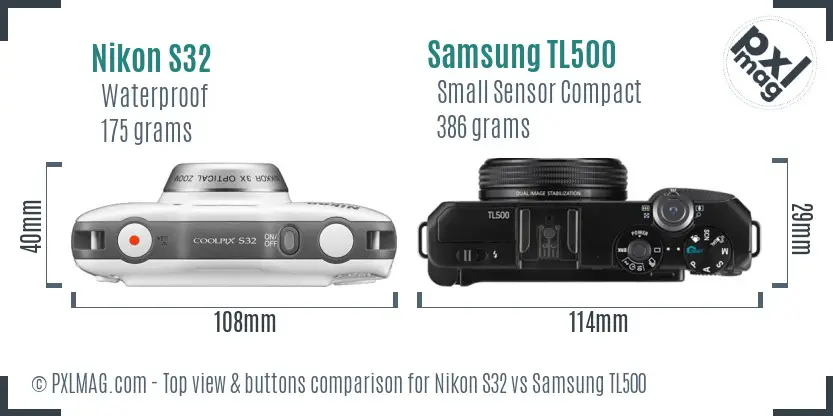 Nikon S32 vs Samsung TL500 top view buttons comparison Nikon S32 vs Samsung TL500 top view buttons comparison