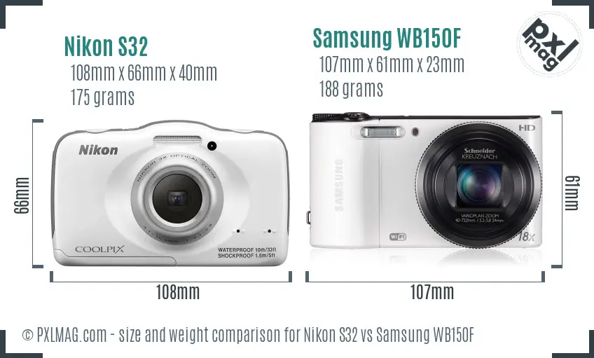 Nikon S32 vs Samsung WB150F size comparison
