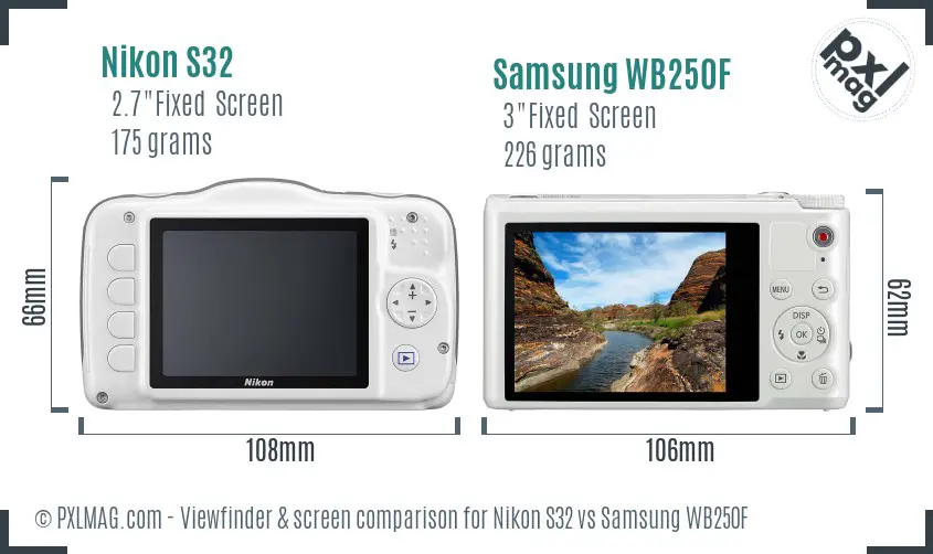Nikon S32 vs Samsung WB250F Screen and Viewfinder comparison