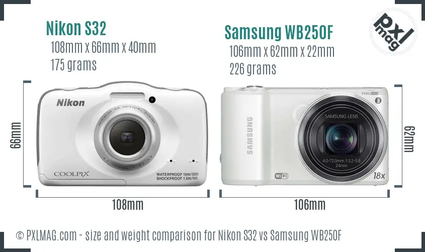 Nikon S32 vs Samsung WB250F size comparison