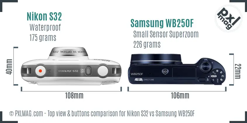 Nikon S32 vs Samsung WB250F top view buttons comparison