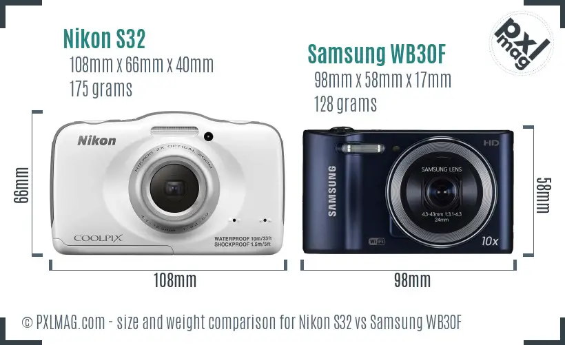 Nikon S32 vs Samsung WB30F size comparison