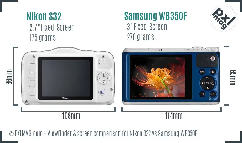 Nikon S32 vs Samsung WB350F Screen and Viewfinder comparison