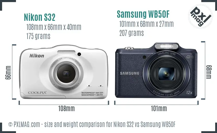 Nikon S32 vs Samsung WB50F size comparison
