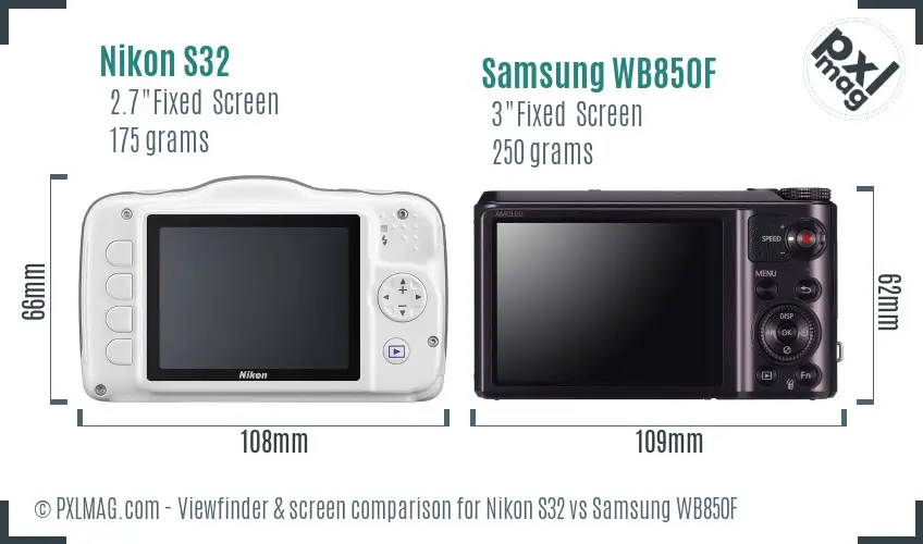 Nikon S32 vs Samsung WB850F Screen and Viewfinder comparison