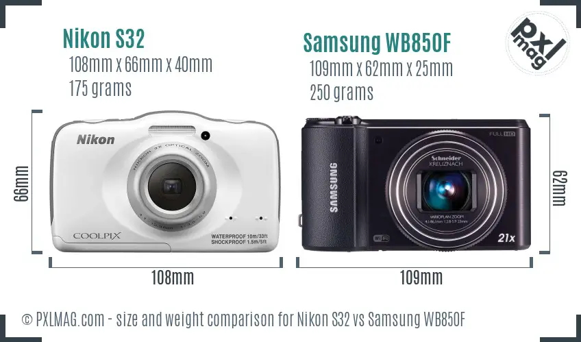 Nikon S32 vs Samsung WB850F size comparison