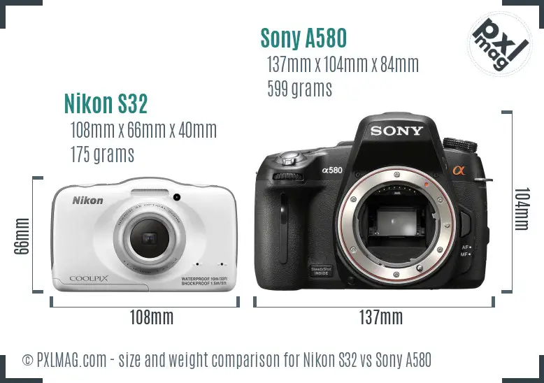 Nikon S32 vs Sony A580 size comparison