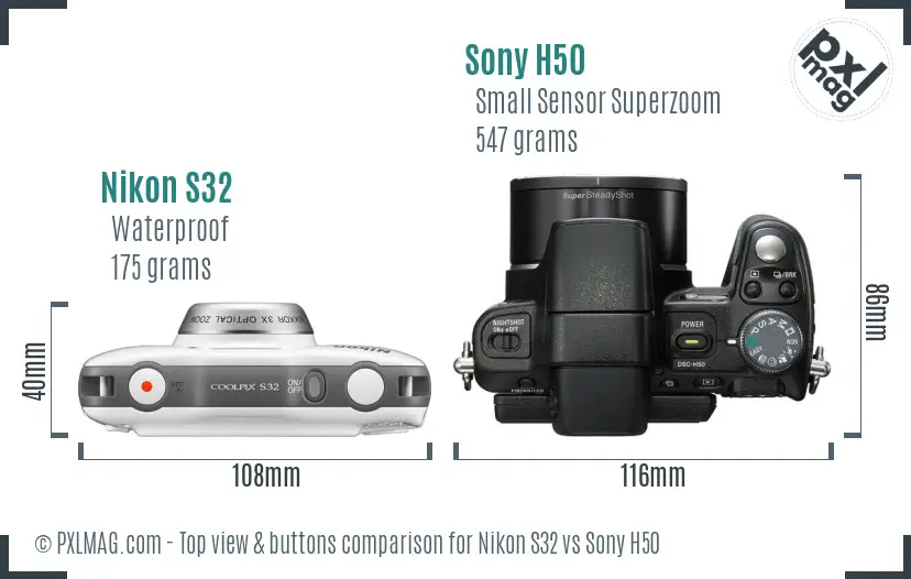 Nikon S32 vs Sony H50 top view buttons comparison Nikon S32 vs Sony H50 top view buttons comparison