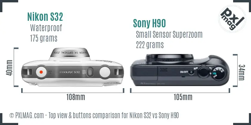 Nikon S32 vs Sony H90 top view buttons comparison Nikon S32 vs Sony H90 top view buttons comparison