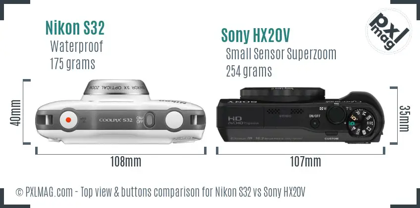 Nikon S32 vs Sony HX20V top view buttons comparison