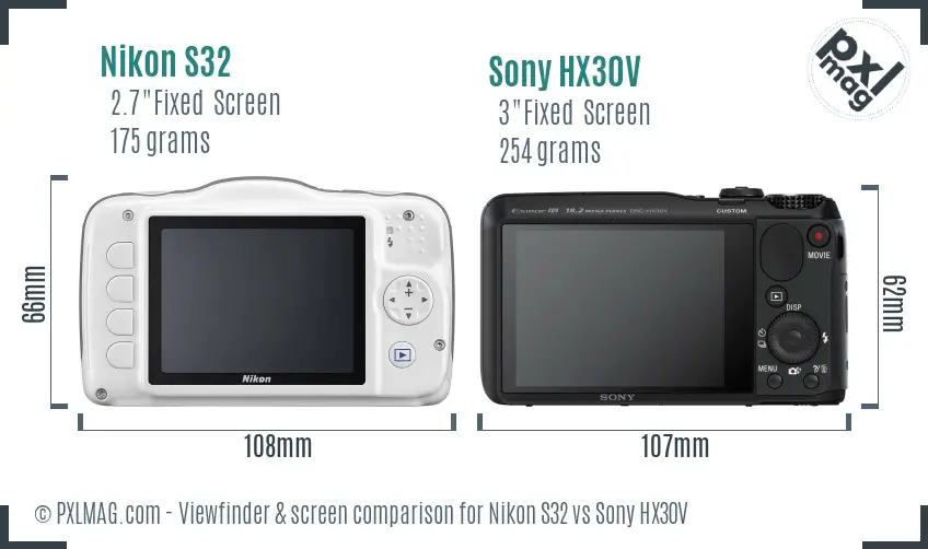 Nikon S32 vs Sony HX30V Screen and Viewfinder comparison