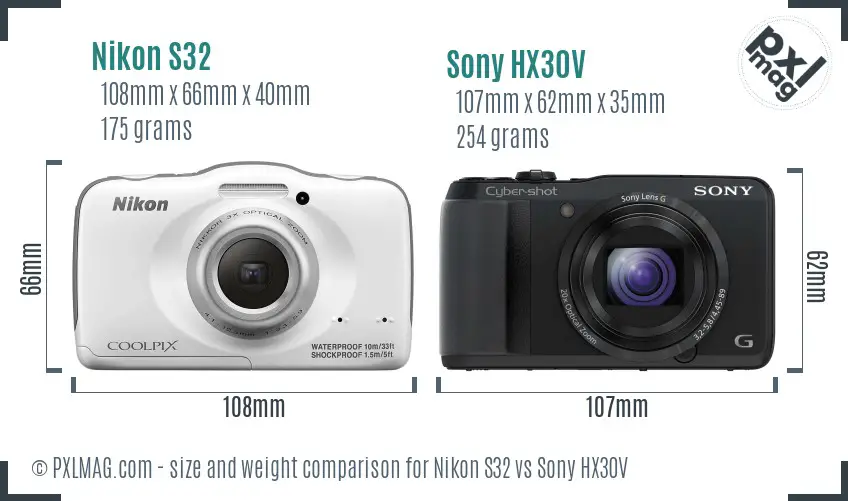 Nikon S32 vs Sony HX30V size comparison