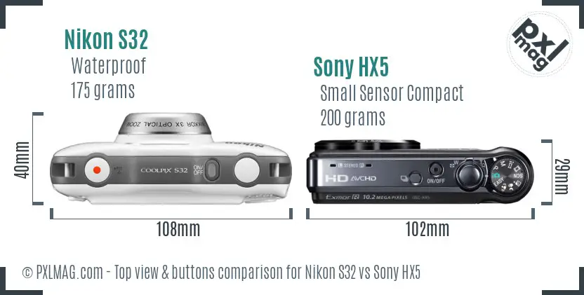 Nikon S32 vs Sony HX5 top view buttons comparison Nikon S32 vs Sony HX5 top view buttons comparison