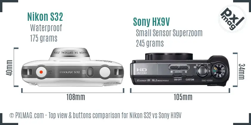Nikon S32 vs Sony HX9V top view buttons comparison